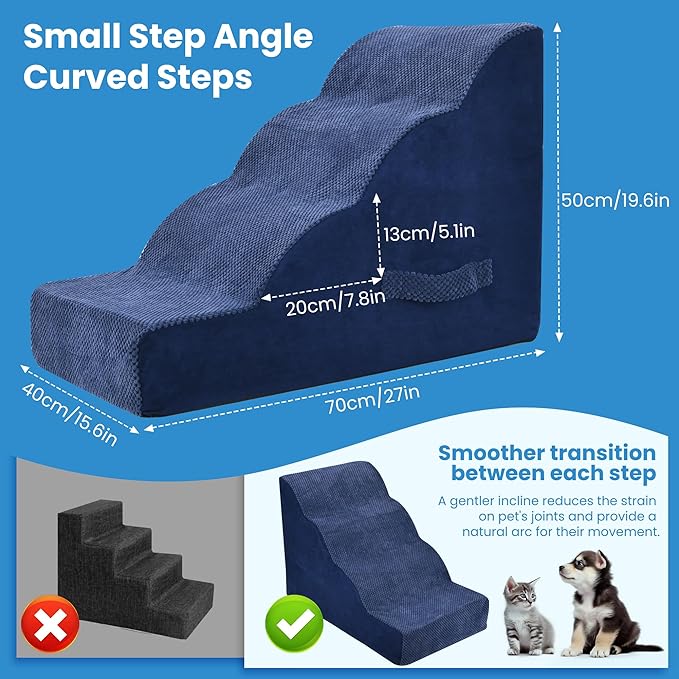 Dog Stairs 4 Steps, 19.6 inch High Pet Stairs, 30D Foam Dog Dtairs & Steps Curved Steps and Small Step Angle Protect Your Pet's Joints, Dog Steps for Small Dog, Dog Stairs to Bed, Blue