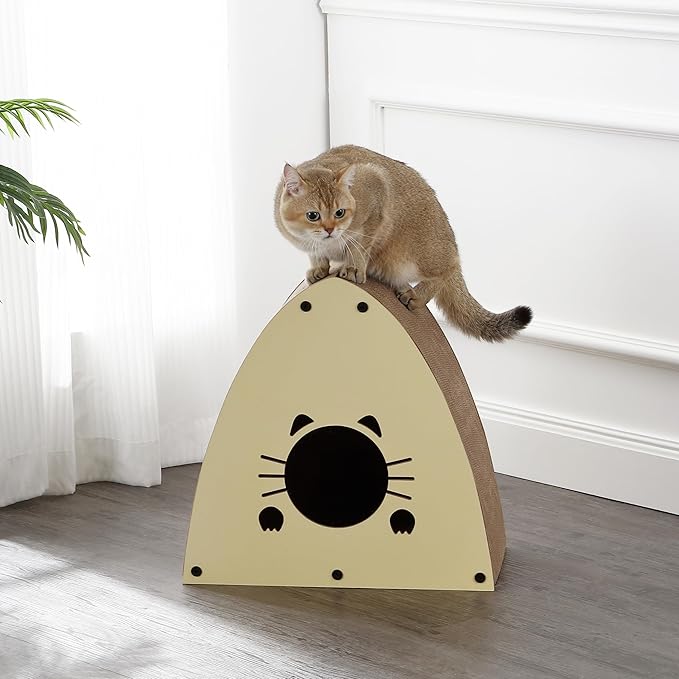 CSR1006A Koko 19" Modern Cardboard Triangle Cat Cave Scratcher with Catnip, Almond