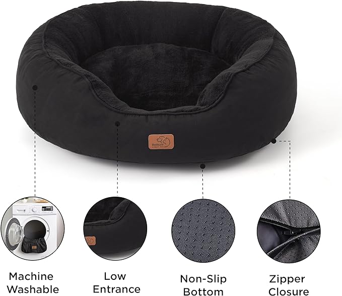 Bedsure Dog Bed for Medium Dogs - Round Washable Medium Pet Bed, Anti-Slip Donut Fluffy Plush Indoor Fur Cat Bed, 30 inches, Black