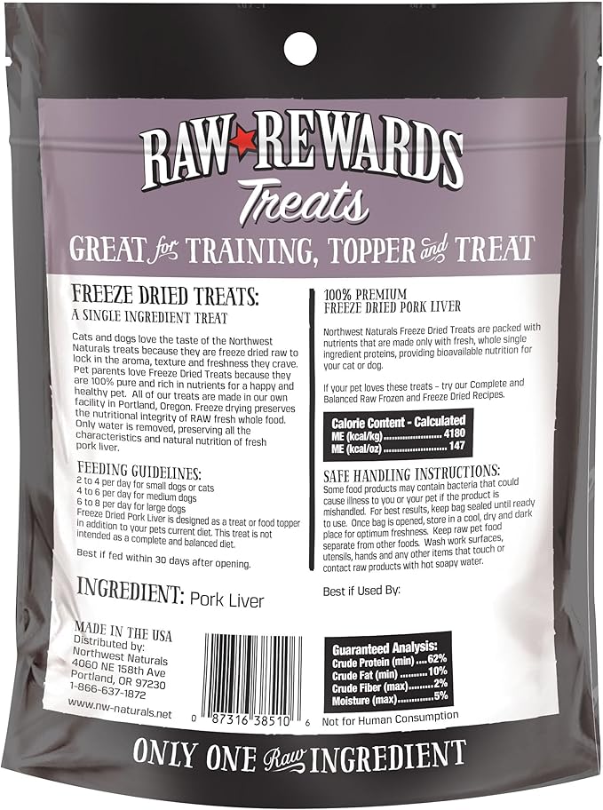 Northwest Naturals Raw Rewards Freeze-Dried Pork Liver Treats for Dogs and Cats - Bite-Sized Pieces - Healthy, 1 Ingredient, Human Grade Pet Food, All Natural - 3 Oz (Pack of 3) (Packaging May Vary)