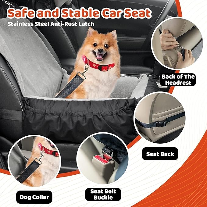 IFurffy Dog Car Seat, Pet Car Seat with Storage Pockets and Clip-On Safety Leash, Washable Coral Fleece Dog Booster Seat for Small Medium Dogs, Small Dog Car Seat for Travel Dog Car Bed (Gray)