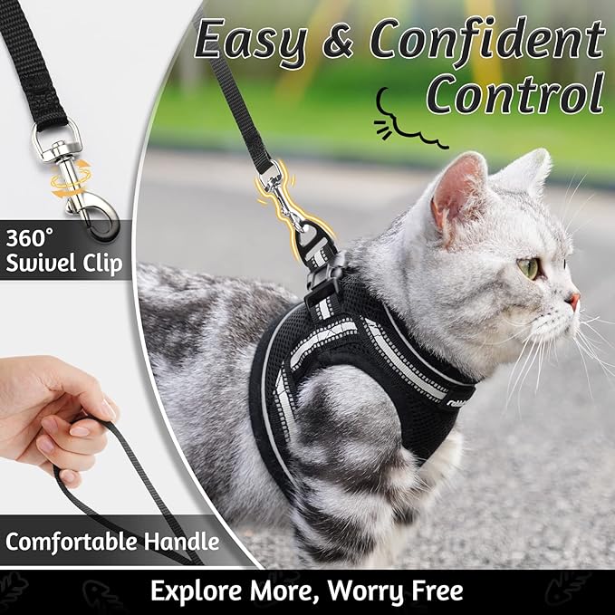 rabbitgoo Cat Harness and Leash Set for Walking Escape Proof, Adjustable Soft Kittens Vest with Reflective Strip for Cats, Comfortable Outdoor Vest, Black, L