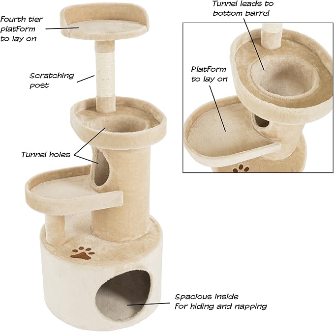 PETMAKER Cat Tree Condo with Tunnel 4 Tier with Scratching Post, 43", Tan