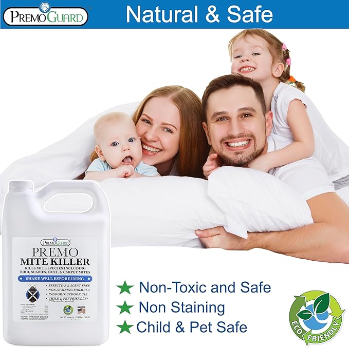 Mite Killer Spray by Premo Guard – 128 oz – Treatment for Dust Spider Bird Rat Mouse Carpet and Scabies Mites – Fast Acting 100% Effective – Child & Pet Safe – Best Natural Extended Protection