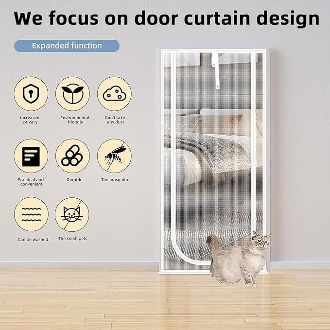 Reinforced Cat Screen Door,Fits Door Size 30''x 80'',Thickened Cat Resistant Mesh Screen Door for Living Room,Kitchen,Bedroom,Cat Proof Screen with Zipper Closure. (U-Type,White)