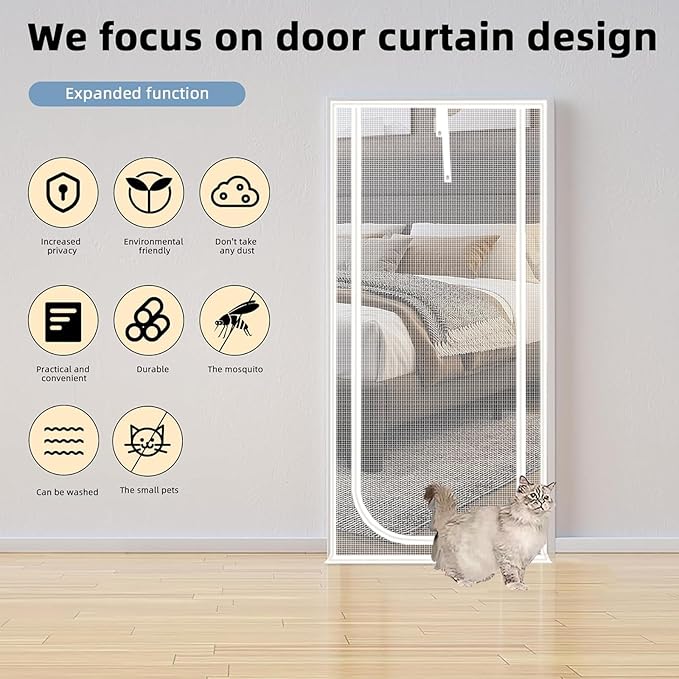 Reinforced Cat Screen Door,Fits Door Size 38''x 82'',Thickened Cat Resistant Mesh Screen Door for Living Room,Kitchen,Bedroom,Cat Proof Screen with Zipper Closure. (U-Type,White)