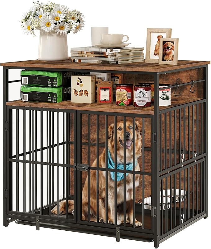 Large Dog Crate Furniture, 38.6" Heavy Duty Dog Kennel with Bowls & Storage Shelf, Wooden Dog Cage End Side Table for Small/Medium/Large Dogs, Chew-Resistant, Rustic Brown DCHR10901