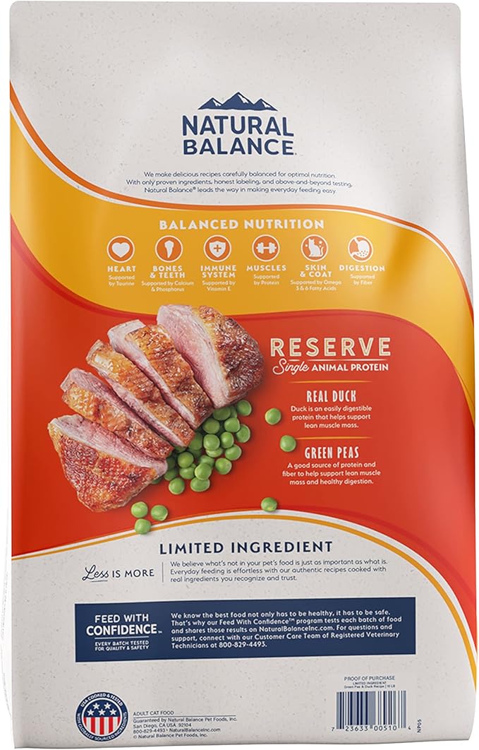 Natural Balance Limited Ingredient Adult Grain Free Dry Cat Food, Reserve Duck & Green Pea Recipe, 4 Pound (Pack of 1)