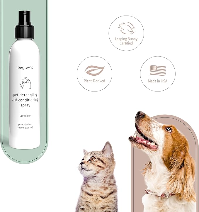 Begley's Natural Pet Detangling Spray - Premium Essential Oil Scented Detangler Spray for Dogs, Puppies & Cats - Dog Leave in Conditioner Spray - Dematting Spray for Dogs & Pets - 8 oz, Lavender