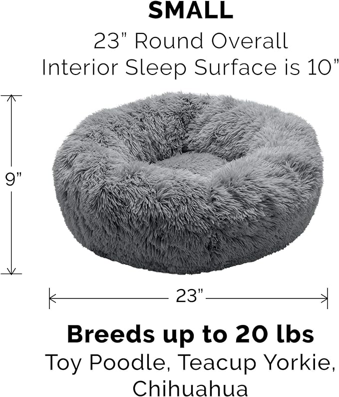 Furhaven 23" Round Calming Donut Dog Bed for Indoor Cats & Small Dogs, Washable, For Dogs Up to 20 lbs - Shaggy Plush Long Faux Fur Donut Bed - Gray, Small, 23.0"L x 23.0"W x 9.0"Th