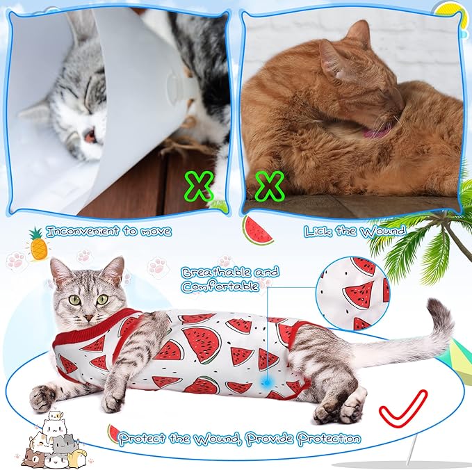 Nuanchu 3 Pieces Cat Recovery Suit Kitten Recovery Suit E-Collar Alternative for Cats and Dogs Abdominal Skin Anti Licking Pajama Suit (Watermelon Pattern, Medium)