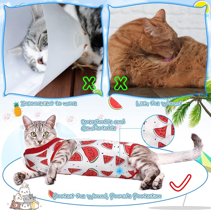 3 Pieces Cat Recovery Suit Kitten Recovery Suit E-Collar Alternative for Cats and Dogs Abdominal Skin Anti Licking Pajama Suit (Watermelon Pattern, Large)