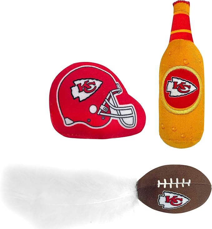 BEST PLUSH CAT TOY - NFL KANSAS CITY CHIEFS Complete Set of 3 piece Cat Toys filled with Fresh Catnip. Incld: 1 Helmet Cat Toy, 1 Football Cat Toy with Feathers, & 1 Beer Bottle. Beautiful Team LOGOS