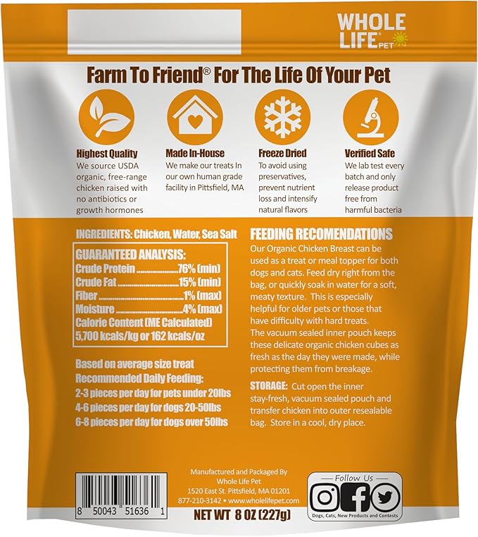 Whole Life Pet USDA Certified Organic Chicken - Dog & Cat Treat Or Topper - Human Grade, Freeze Dried, One Ingredient - Protein Rich, Grain Free, Made in The USA