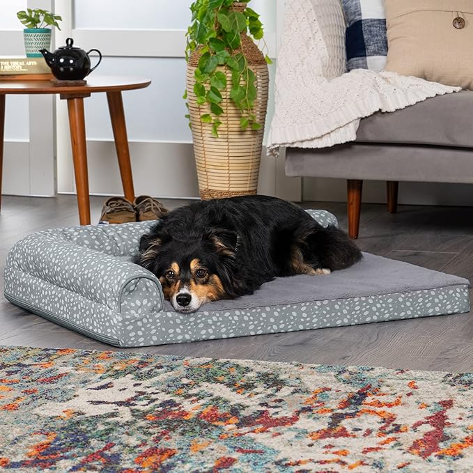 Furhaven Orthopedic Dog Bed for Large/Medium Dogs w/ Removable Bolsters & Washable Cover, For Dogs Up to 55 lbs - Plush & Almond Print L Shaped Chaise - Gray Almonds, Large