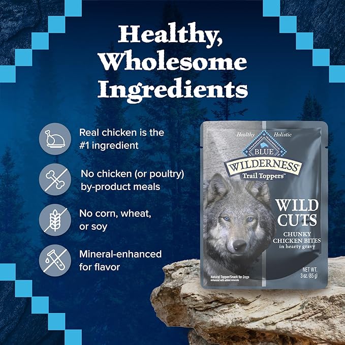 Blue Buffalo Wilderness Trail Toppers Wild Cuts Natural High-Protein Dog Wet Food, Chicken Bites in Hearty Gravy, 3-oz Pouch, 12 Count