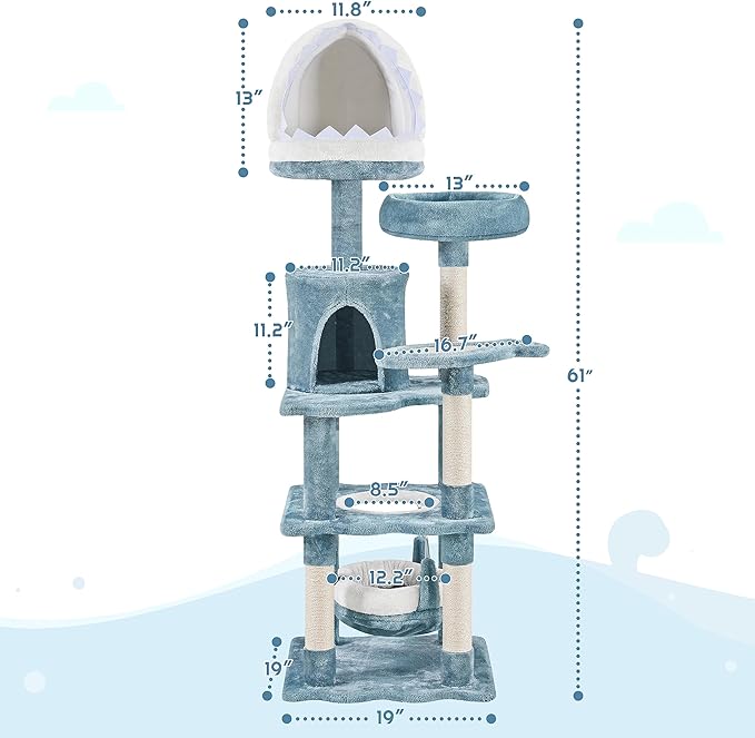 Yaheetech 61in Tall Ocean-Themed Cat Tree, Multi-Level Cat Tower with Shark's Mouth-Shaped Nest, Fish-Shaped Platform, Sisal Scratching Posts, Plush Cat Bed Furniture as Cat Kitty Activity Center