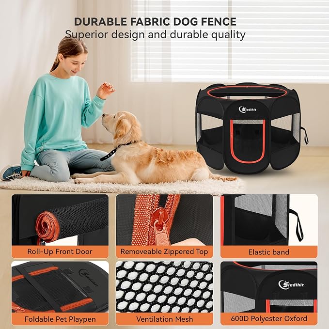 Dog Playpen, Puppy Pet Playpen Indoor for Large Dogs, Dog Tent Crates Cage Indoor/Outdoor, Portable Pop Up Dog Kennel Playpen with Carrying Case for Dogs/Cats/Rabbits, Removable Zipper Top, Black