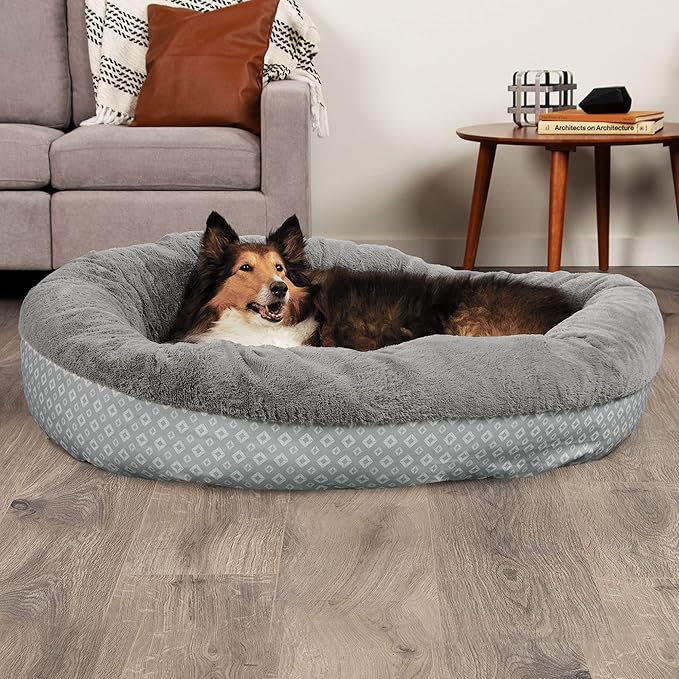 Furhaven 45" Round Donut Dog Bed for Large Dogs, Refillable w/ Removable Washable Cover, For Dogs Up to 90 lbs - Plush & Diamond Print Donut Bed - Gray, Jumbo/XL, 45.0"L x 45.0"W x 9.0"Th