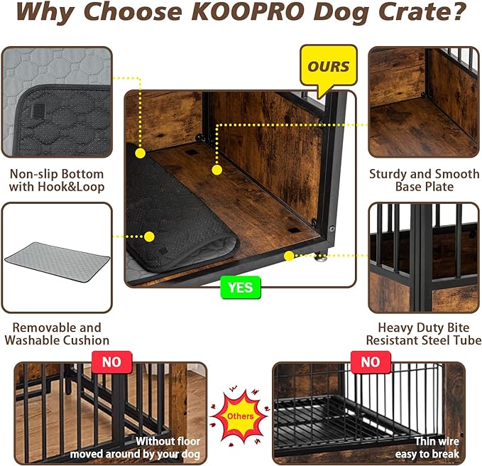 KOOPRO 40 Inch Dog Crate Furniture with Cushion for Large Medium Dogs, Wooden Heavy Duty Dog Kennel with Double Doors, Decorative Pet House Dog Cage Side End Table Indoor, Sliding Door Chew-Resistant