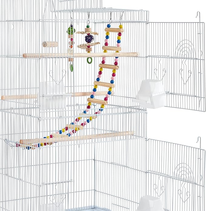 Yaheetech 62.4-inch Roof Top Flight Bird Cage for Parakeets Cockatiels Conures Finches Lovebirds Canaries Budgies Small Parrots, Large Birdcage with Detachable Rolling Stand, White