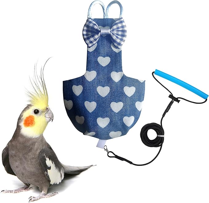 VANFAVORI Bird Diaper Harness Flight Suit Clothes with 80 Inch Flying Leash for Parrots Cockatiel Pet Birds Including A Cotton Pad, S Size, Denim Heart