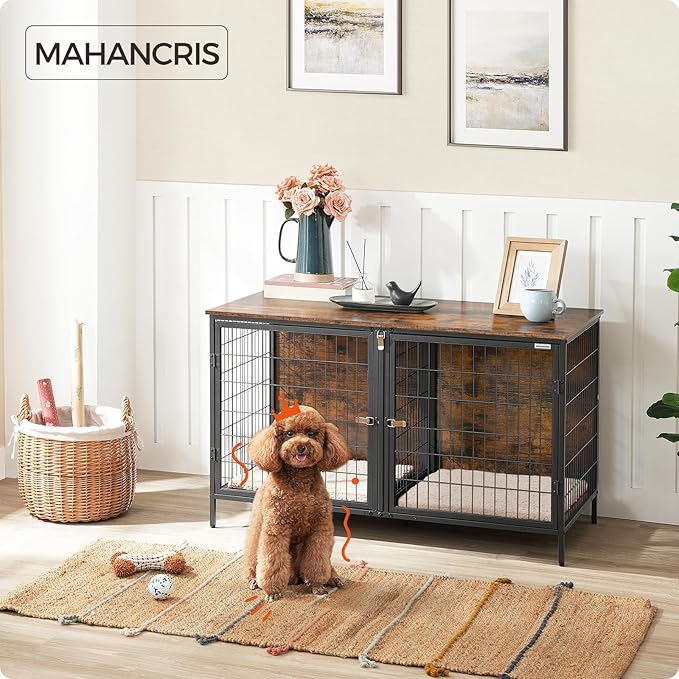 Dog Crate Furniture for 2 Dogs, 43.3" Dog Kennel with Removable Divider, Heavy Sturdy Dog Furniture Style Double Cage for Small Medium Dog, Indoor Dog House End Table, Rustic Brown DCHR1201
