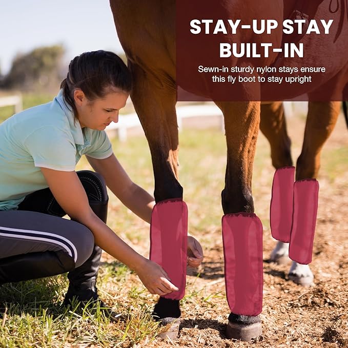 Mesh Fly Boots Horse Fly Boots Mesh Fly Wraps Leg Guard for Horse Set of 4 (Red)