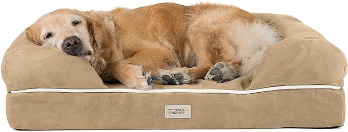 Friends Forever X-Large Dog Bed, Orthopedic Dog Sofa Memory Foam Mattress, Calming Dog Couch Bed, Wall Rim Pillow, Water Resistant Liner, Washable Cover, Non-Slip Bottom, Chester, X-Large Khaki Beige