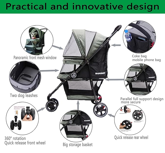 ROODO Dog Stroller 3Wheel Pet Stroller Cat Stroller Lightweight Foldable Portable Compact Jogger Pet Gear Puppy Travel Pet Stroller Suitable for 30lbs Small Dogs and Cats(Green)