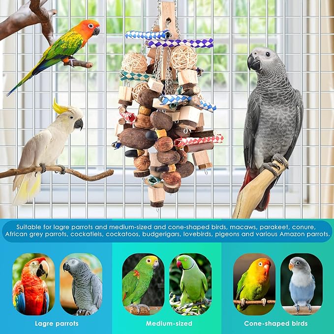 Bissap Large Parrot Chew Toys, 20.8in Bird Parrot Hanging Bite Wooden Blocks Cage Fun Toy for Macaw African Greys Cockatoo Eclectus Budgies Parakeet Cockatiel ect Large Medium Birds