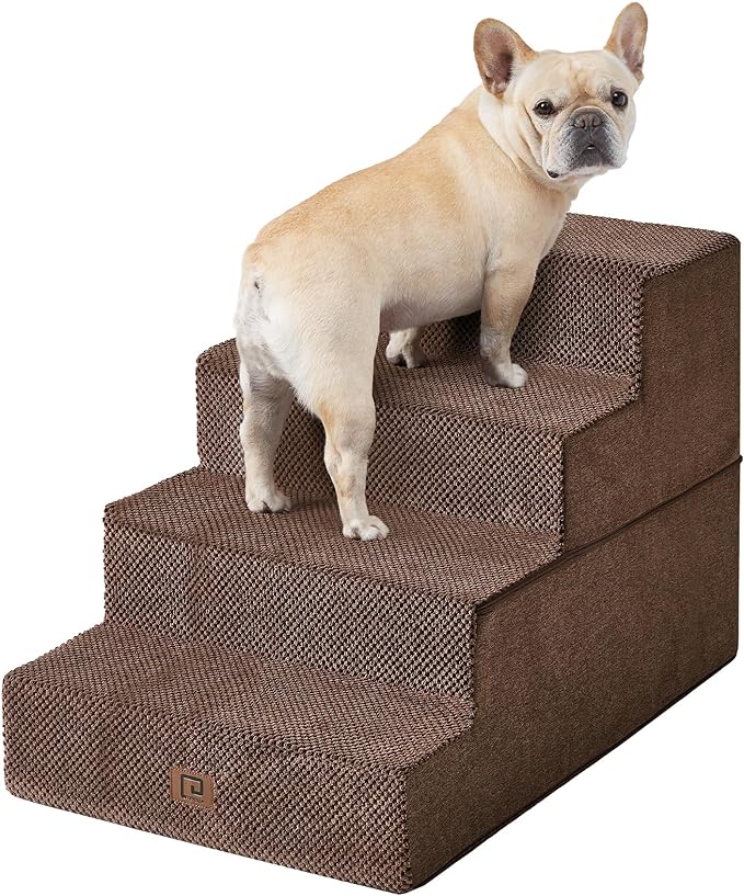 EHEYCIGA Dog Stairs for Bed 20”H, 4-Step Extra Wide Dog Steps for High Bed, Pet Steps for Small Dogs and Cats, Non-Slip Balanced Dog Indoor Ramp, Brown