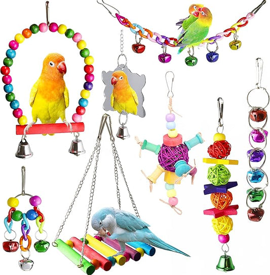 8 Pcs Parakeet Cockatiel Bird Toys, Hanging Bell Pet Bird Cage Hammock Swing Toy Wooden Perch Chewing Toy for Budgerigar, Conures, Love Birds, Finches, Mynah