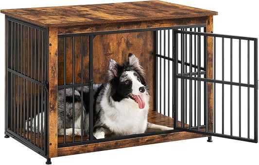 Feandrea Dog Crate Furniture, Side End Table, Modern Kennel for Dogs Indoor up to 70 lb, Heavy-Duty Dog Cage with Enclosed Base, Double-Door Dog House, Rustic Brown UPFC023X01