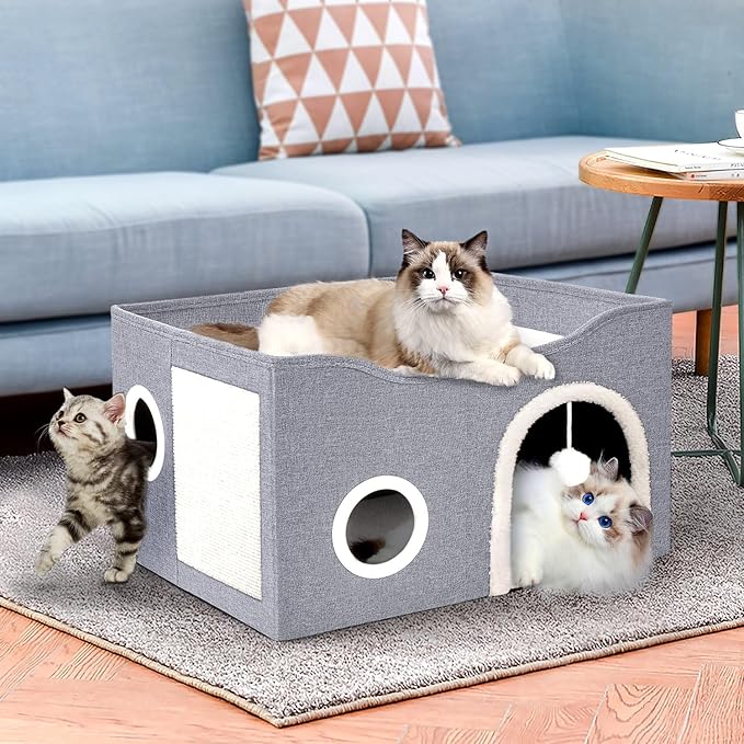 Heeyoo Cat House for Indoor Cats - Large Cat Bed Cave with Fluffy Ball and Scratch Pad, Foldable Cat Condos, Cat Cubes, Cat Hideaway, Covered Cat Bed