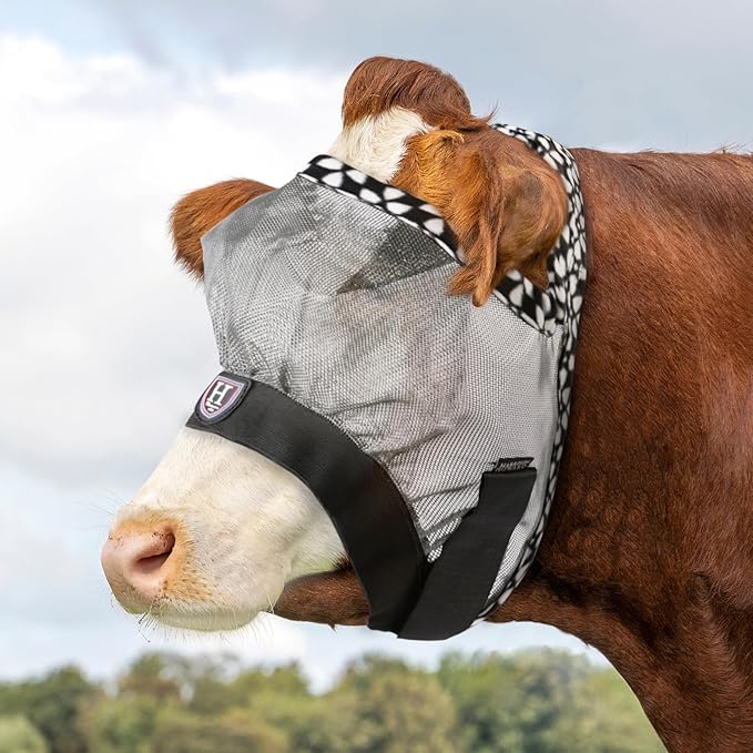 Harrison Howard Cattle Livestock Fly Mask Breathable Mesh Padded Edging with Fun Patterns Large Spacing Forelock Opening Design Adjustable Fit for Cattle Light Grey