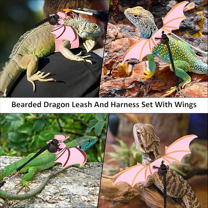 Bearded Dragon Carriers and Leather Leash with Wings,Bearded Dragon Leash Lizard Adjustable Harness,Small Pet Backpack Batwing Accessories for Outdoor Travel Walking Rest