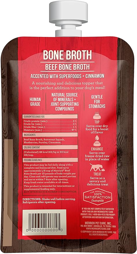 Merrick Grain Free Bone Broth, Premium Human Grade And Gluten Free Dog And Cat Food Topper Pouches, Beef - 7 oz. Pouch