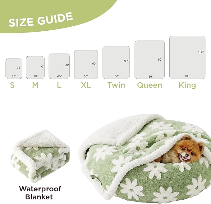Lesure Waterproof Dog Blanket for Large Dogs - Washable Double Sided Dog Blankets with Warm Jacquard Shag and Soft Sherpa Fleece, Pet Cat blanket for Queen Bed Protection, 3D Textured Flower, Green