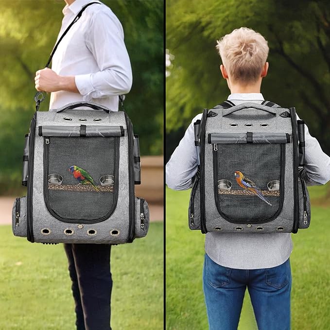 Bird Cage Backpack with Sunshade for Parakeets Cockatiels, Bird Travel Bag with Stand for Easy Cleaning, Transparent Breathable Travel Cage for Pets (Grey)