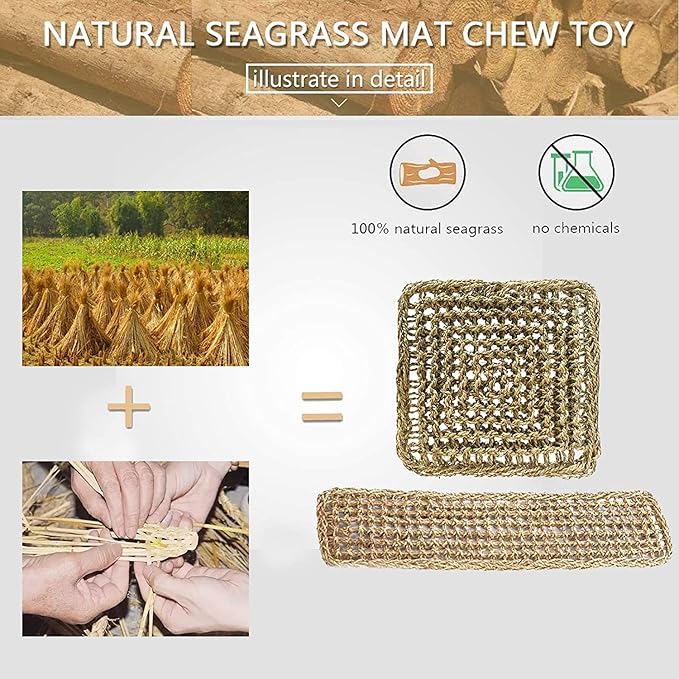 Bird Seagrass Mat,Natural Seagrass Woven Net Bird Foraging Chew Wall Toys Parakeet Hammock Mat with Hooks for Lovebird Cockatiel Conure Budgie,Size 28.3" X 6.7" and 11.81" X 11.81"(2 Pcs)