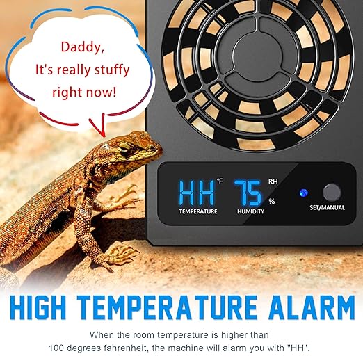 2PCS Reptile Ventilation Fan with Humidity Sensor and High-Temp Alarm, Fan Dehumidifier for Reptile Enclosure and Terrarium