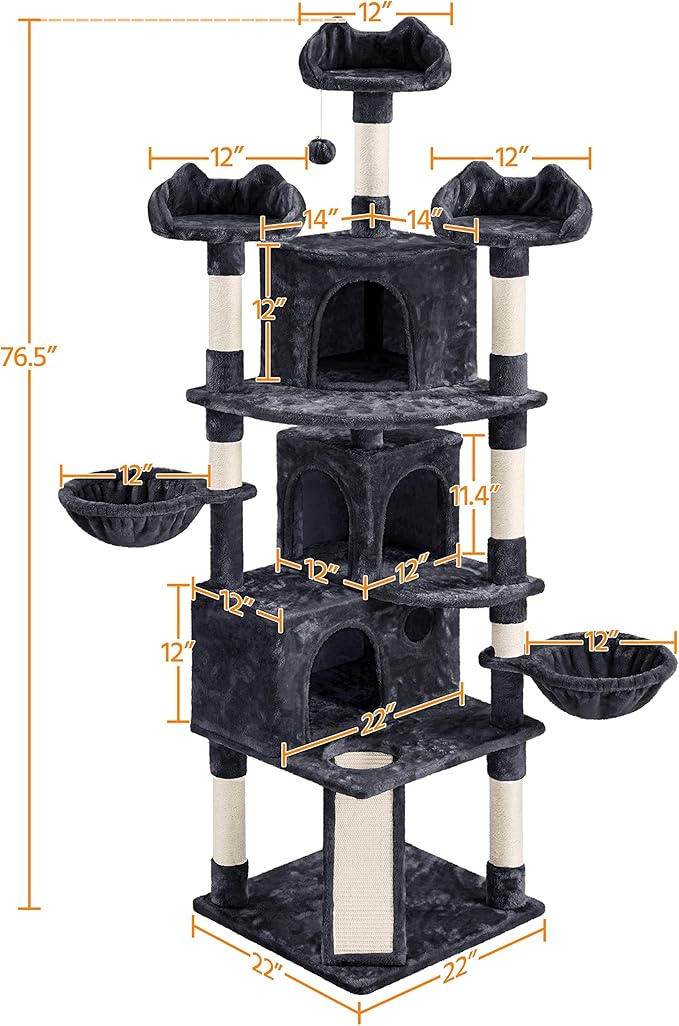 Yaheetech 76.5in Tall Cat Tree Cat Tower with 9 Scratching Posts, 3 Condos, 3 Cozy Perches, 2 Baskets, Dangling Ball, Pet Bed Furniture Activity Center for Indoor Cats Large Kittens, Black