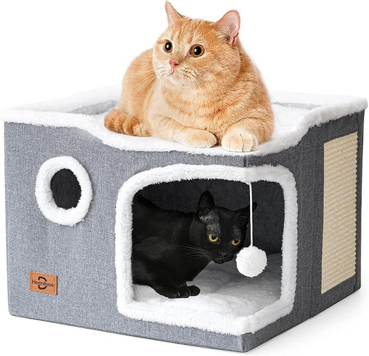 Cat Bed for Indoor Cats,Covered Cat Cave House & Furniture with Scratch Pad,Foldable Cat Hideaway Hut Cute Cat Condo with Soft Washable Mat for Multi Small Pet Under 30 lbs,Dark Grey