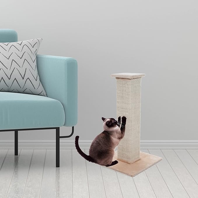 Cat Scratching Post with Carpeted Base - 27.75-Inch Sisal Burlap Fabric Scratcher - Furniture Scratching Deterrent for Indoor Cats by PETMAKER (Beige)