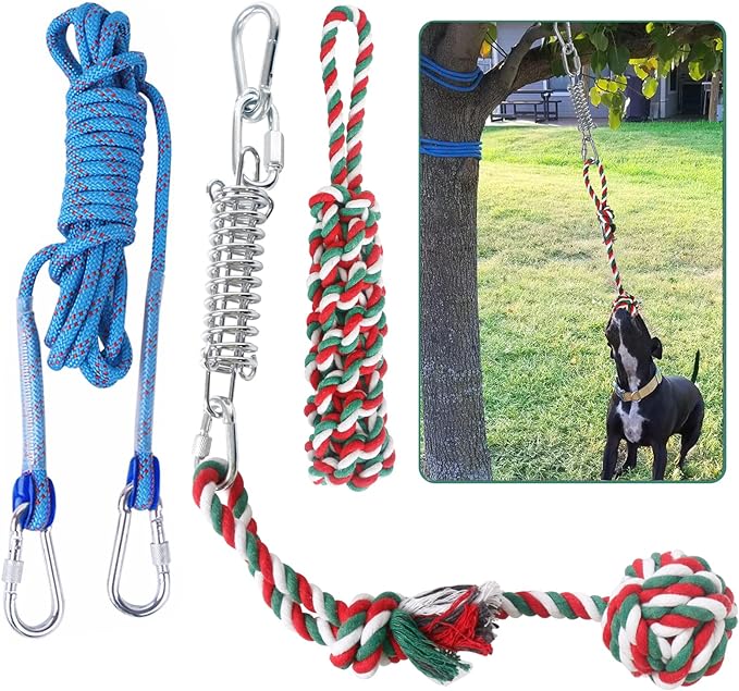 HOPET Dog Outdoor Bungee Solo Hanging Toy, Tether Tug of War Dog Toys for Pitbull Small Large Aggressive Chewers Dogs to Exercise, Durable Interactive Dog Tug Toy with Metal Spring Kit, Dog Rope Toys