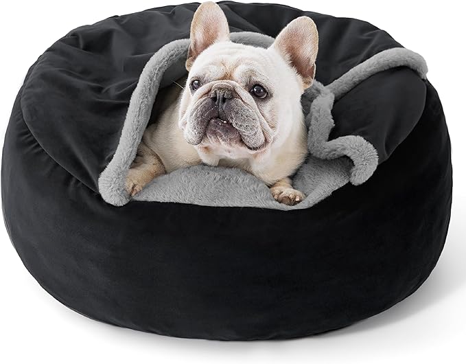 Lesure Medium Dog Bed with Cover Cave - Covered Round Dog Bed for Small and Medium Dogs, Machine Washable Burrow Pet Bed with Hooded Blanket, Cozy Cave Dog Bed with Anti-Slip Bottom, Black 26"