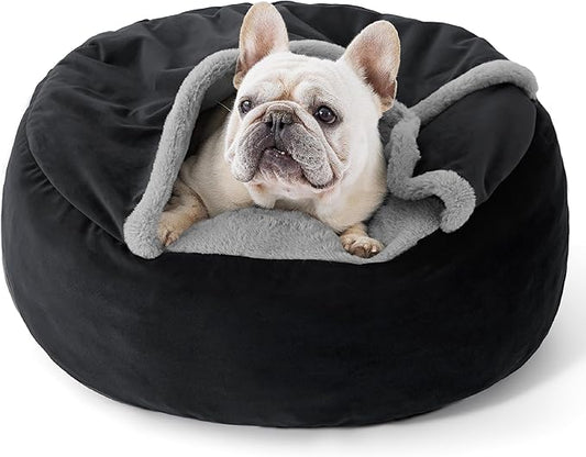 Lesure Medium Dog Bed with Cover Cave - Covered Round Dog Bed for Small and Medium Dogs, Machine Washable Burrow Pet Bed with Hooded Blanket, Cozy Cave Dog Bed with Anti-Slip Bottom, Black 26"
