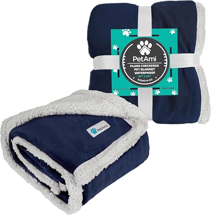 PetAmi WATERPROOF Dog Blanket for Medium Large Dog, Pet Puppy Blanket Couch Cover Protection, Sherpa Fleece Cat Blanket, Sofa Bed Furniture Protector Reversible Soft Plush Washable, 60x40 Navy Blue