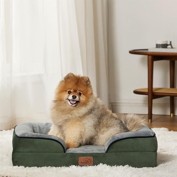 Bedsure Small Orthopedic Dog Bed - Washable Bolster Dog Sofa Beds for Small Dogs, Supportive Foam Pet Couch Bed with Removable Washable Cover, Waterproof Lining and Nonskid Bottom Couch, Dark Green